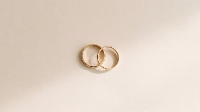 High angle view of two classic gold wedding bands intertwined on a clean, elegant beige paper background with soft shadows, perfect for minimalist wedding concepts.