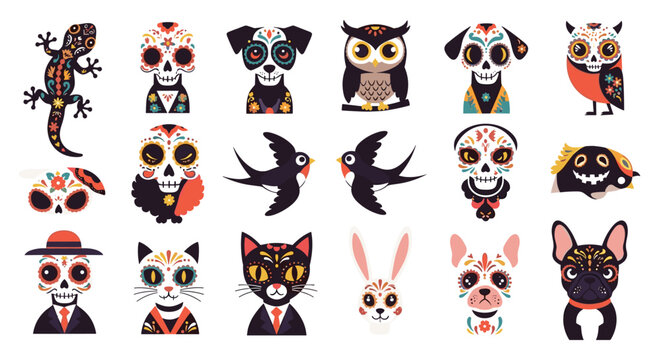 Set of various animals including cats, dogs, birds, and owls decorated in the style of Mexican sugar skulls for Day of the Dead.