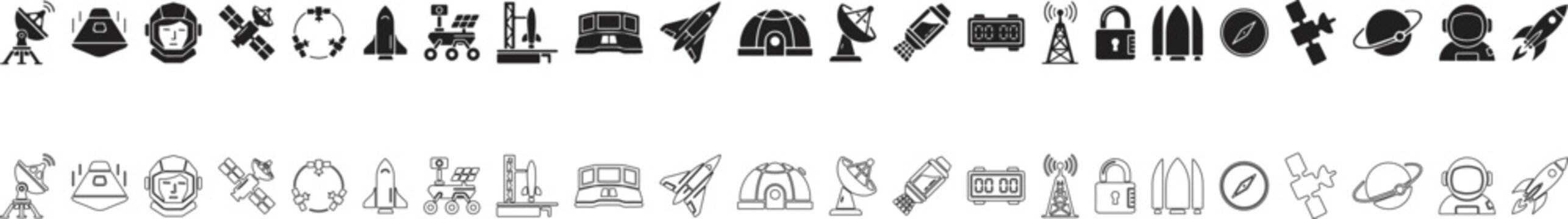 Aerospace startup and technology vector icon set, collection of astronautics symbols, rocket launch, satellite communication, planetary exploration and futuristic engineering.