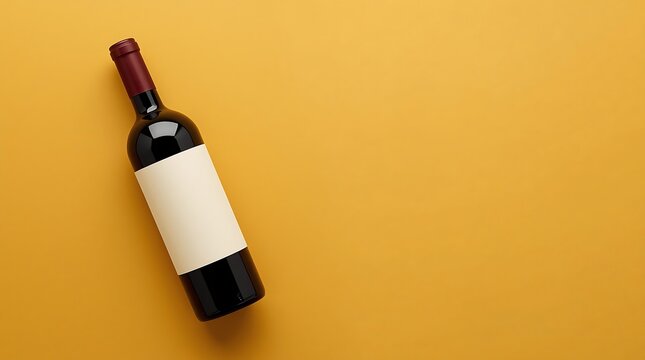 Elegant Wine Bottle on Yellow Background - A Top-Down View.