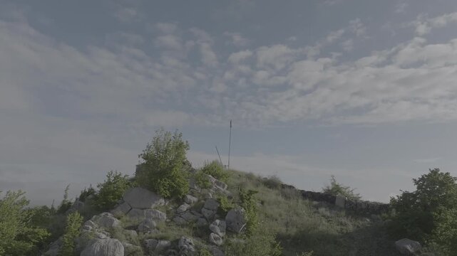 Beautiful aerial drone view of green mountain ranges and hills with flat log profile, Azerbaijan