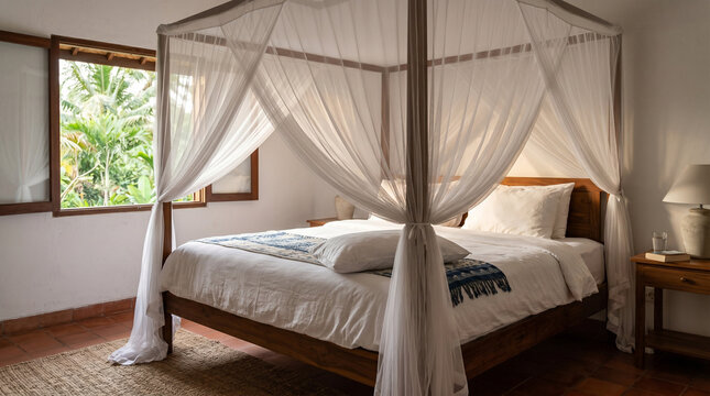 Elegant bedroom with four-poster bed draped in white mosquito netting  