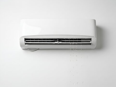Modern White Indoor HVAC Air Conditioning Unit Leaking Water on Clean Interior Wall