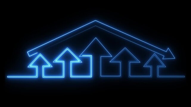 A beautiful glowing blue neon business report presentation.Abstract growth bar chart line finance stock marketing success profit trend up and down arrow animation.