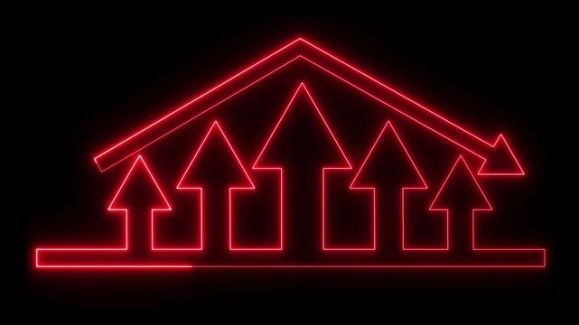 A beautiful glowing red neon business report presentation.Abstract growth bar chart line finance stock marketing success profit trend up and down arrow animation.
