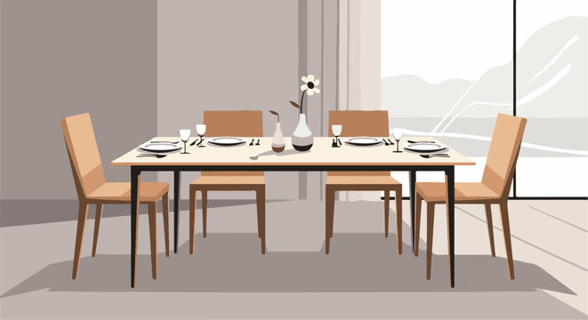 A minimalist dining setting with four chairs around a table, featuring elegant place settings and a vase