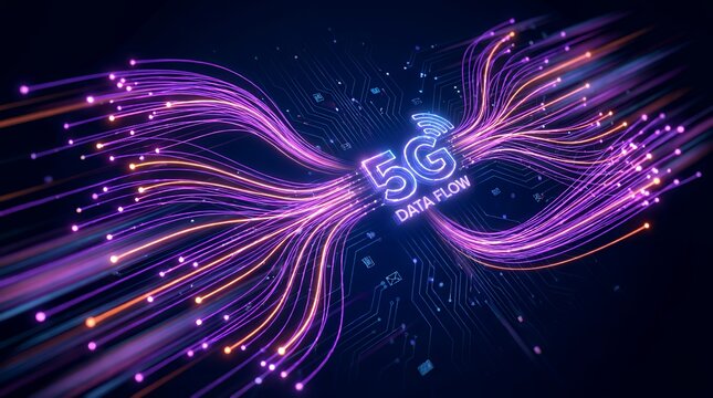 Data flow visualization of 5G technology with glowing digital lines on a dark futuristic background for fast network connections This dynamic image represents advanced communication and high speed dat