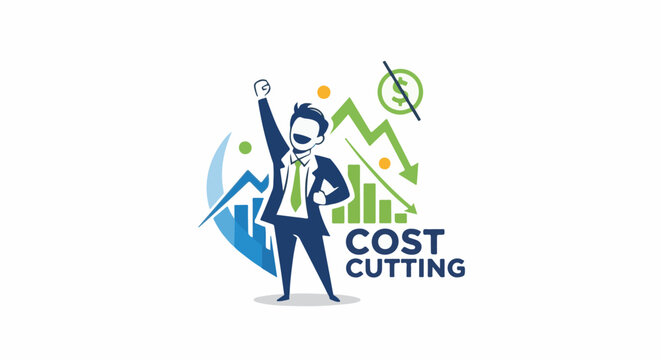 Man in suit celebrates successful cost reduction with downward trending graphs