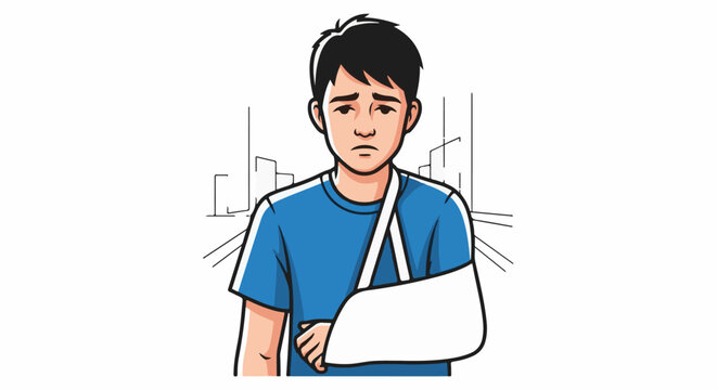 Sad young man with broken arm in sling, against a blurred urban background