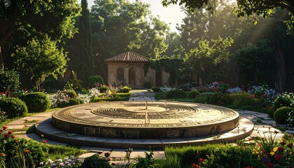 Obraz premium Serene garden with circular fountain and rustic shed.