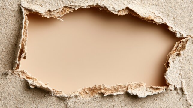 Torn beige paper reveals cream panel with rough frayed edges and visible fibers, ideal for minimalist product mockup, branding and packaging concepts, warm neutral palette and soft studio shadows