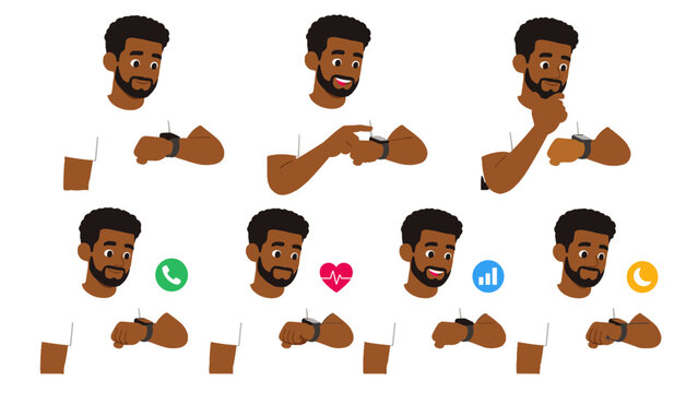 Man using smartwatch with call, health, fitness and sleep icons