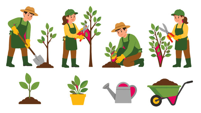 Gardeners planting and pruning trees with gardening tools set