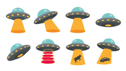 Cartoon flying saucer set with beams and abduction icons © Mark