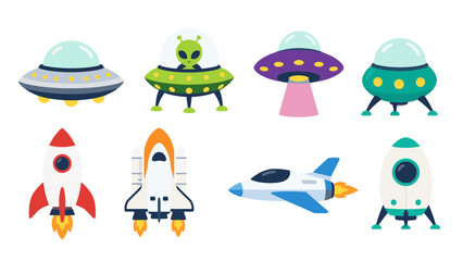 Set of cartoon UFOs, rockets and spaceship vector icons © Mark