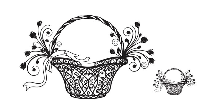 Exquisite black and white line art illustration of an empty decorative basket with intricate floral details and a large ribbon for artistic projects.