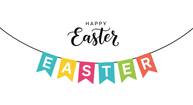 Festive Happy Easter banner featuring colorful triangular flags with white letters hanging on a string against a clean white background.