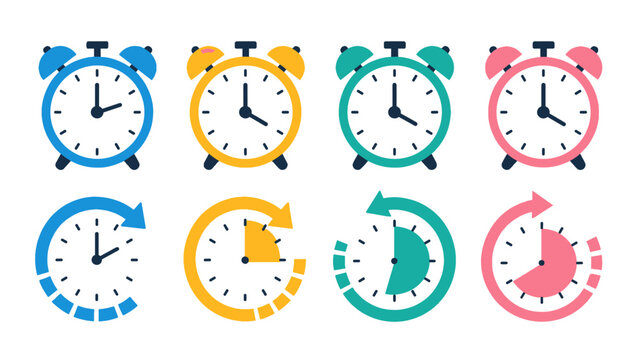 Set of colorful alarm clock and timer icons in flat vector style