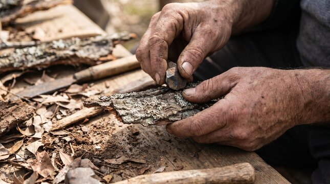Cigar Maker Rolling Tobacco Leaves by Hand Outdoors