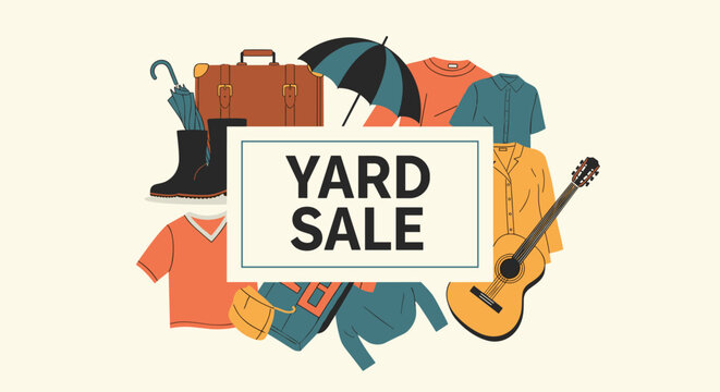 Yard sale advertisement poster featuring a white frame with bold text surrounded by various household items like clothes, a guitar, and luggage.
