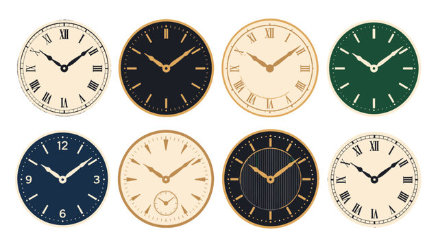 Set of eight vintage round clock faces in blue green and gold