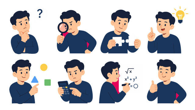 Set of cartoon man thinking solving and showing ideas