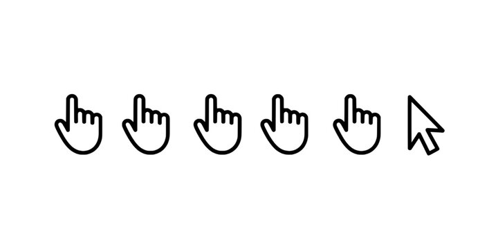 Cursor arrow clicking outlined hand icons in a row, user interaction UI symbol set for digital design elements