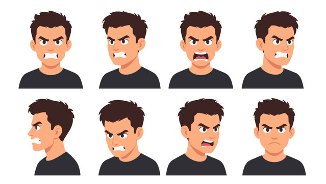 Set of angry young man cartoon faces in multiple views