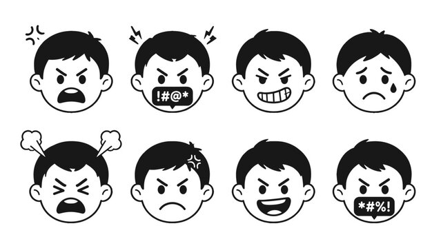 Set of cartoon boy faces with angry and emotional expressions