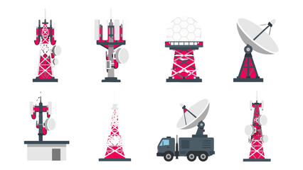 Set of communication towers radar dome and satellite dish icons © Mark