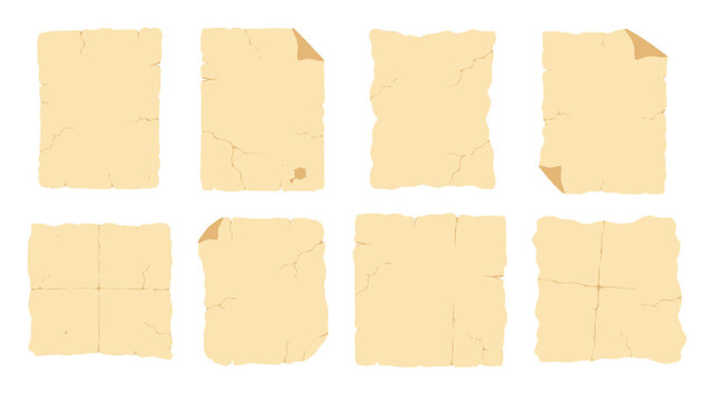 Set of aged parchment paper sheets with torn edges