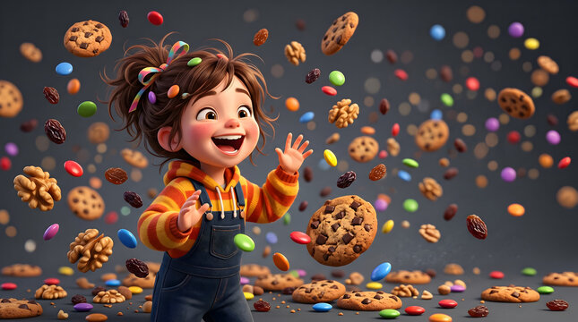 chocolate cookies smarties raisins and walnuts and a happy and excited girl kid on dark background pastry sweets 3d cartoon illustration