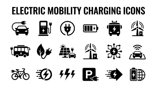Electric Mobility Charging Icons Set: Cars, Buses, Wind Turbines, Solar Panels, and Batteries