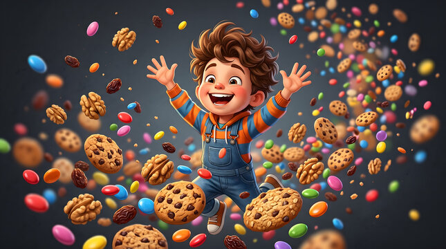 chocolate cookies smarties raisins and walnuts and a happy and excited boy kid on dark background pastry sweets 3d cartoon illustration