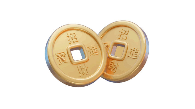 Vector illustration of two golden chinese feng shui coins on a transparent background
