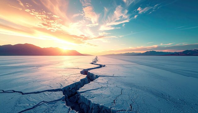 Dramatic cracked earth in desert landscape at sunset.