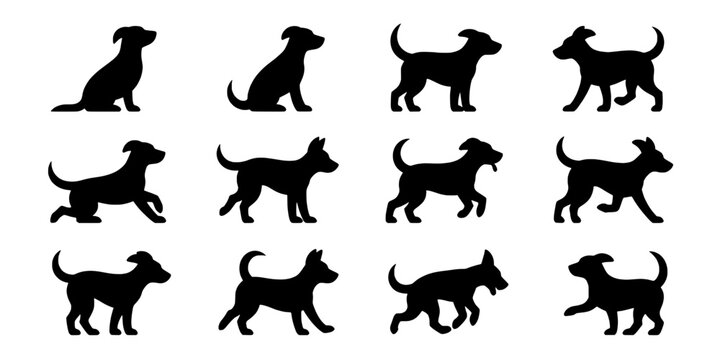 Dog Paw and Silhouette Set of Mixed Breeds with Black Vector Icons for Pet Themed Graphics and Branding