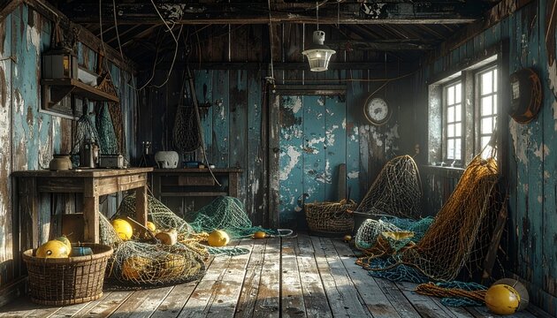 Antique cluttered workshop interior with vintage tools and machinery.