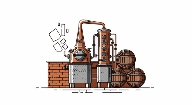Industrial stills and barrels signify production of distilled spirits