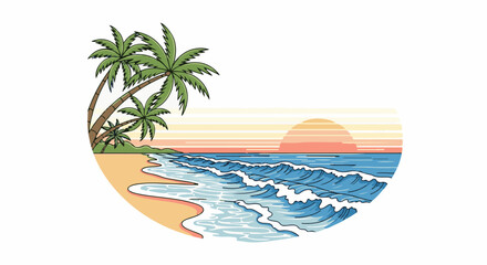 Fototapeta premium Tropical beach scene at sunset with palm trees, rolling waves, and a warm sky