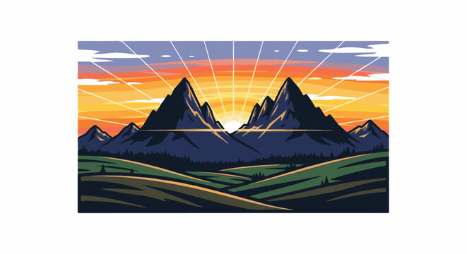 Vibrant mountain peaks pierce a sunburst sky over rolling green hills and a dark forest