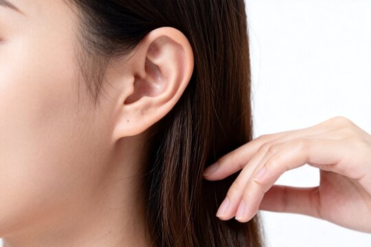 Closeup of womans ear and hand