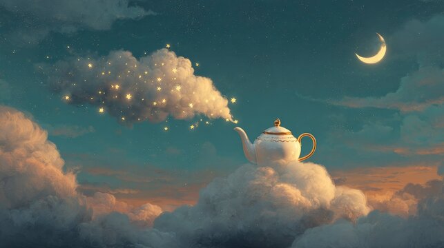 White teapot pouring glowing stars into fluffy clouds under a crescent moon in a surreal night sky for fantasy book covers and creative branding