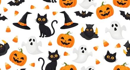 Naklejka premium Seamless pattern with cute halloween icons including pumpkins, black cats, ghosts, witch hats, and candy corn