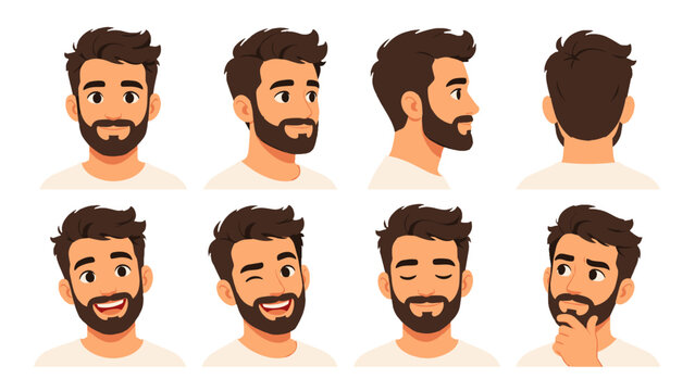 Cartoon bearded man avatar set with multiple head views
