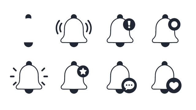 Set of notification bell icons in simple outline style