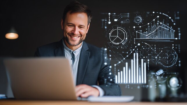 Data Analytics concept, Data Annotation, Data Analysis, Smile businessman use laptop analyzing data for competitor benchmarking and market positioning