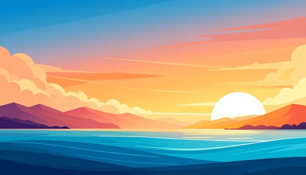 穏やかな海と山並みに沈む美しい夕日。フラットデザインのドラマチックな風景背景素材。