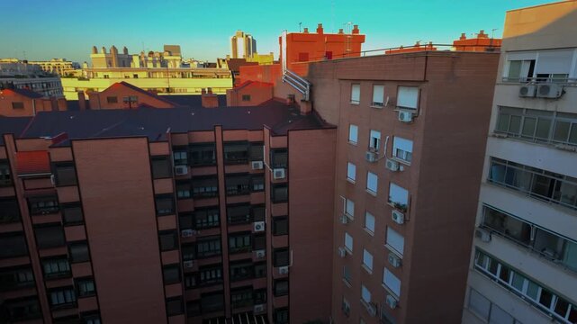 Panoramic view of residential buildings and real estate in Madrid, Spain, featuring flat houses and urban architecture in the Atocha district of the Spanish capital.