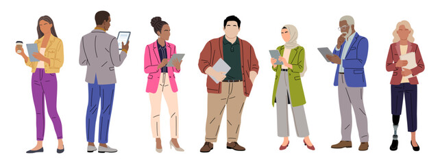 Fototapeta premium Set of diverse individuals including a person with prosthetic leg standing with digital tablets, representing inclusion, technology, and modern communication.
